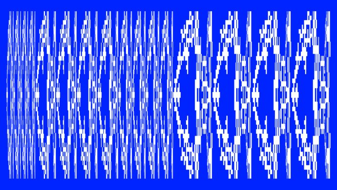 Digital semi abstract image in strong blue with pixelated white sound waves. Showing the work of Danae Tapia during the Digital Witchcraft show, July 2019.