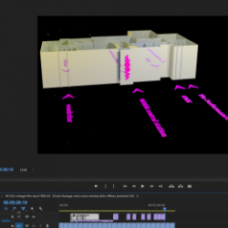 Colour digital image of the outlines of WORM's building, envisioned as a digital maquette on a black background. Pink arrows point towards the building. The digital image is portrayed on a laptop screen.