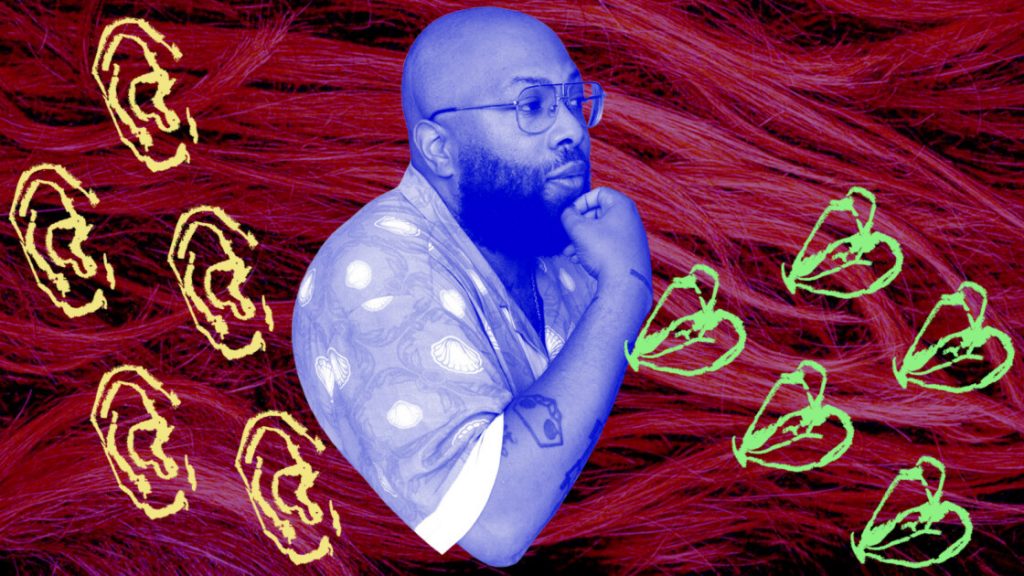 Colour photo montage portrait of a Black man, the portrait covered by a strong blue filter, side-on to the camera, looking to the viewer's right. The background shows waves of plum lines crossing across a black background. Representations of ears and hearts are drawn in yellow on either side of eth man.