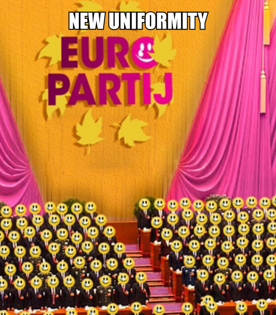 A digital image of an auditorium with rows of identical people wearing uniforms with a yellow WORM huillie mask superimposed over their faces. On the wall of the auditorium, two huge pink curtains hang to the sides, and centred is a huge logo of a circle of golden leaves and in the centre in dark pink, the words Euro Partij. The O of Euro is a pink huillie. The text New Uniformity in white is superimposed on the image at the centre top.