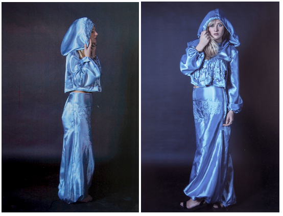 Colour image of two photographs of a young woman standing against a darkened background, wearing a bright blue floor length dress and headscarf.