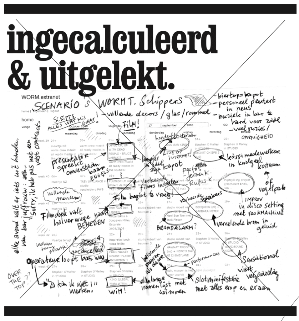 A map of words entitled, ingecalculeerd & uitgelekt. Part of the WORM tribute to Wim T. Schippers.
