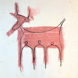 Hand drawn deer in red. Cave painting stile the line drawing features three humans under his tummy. On white background.